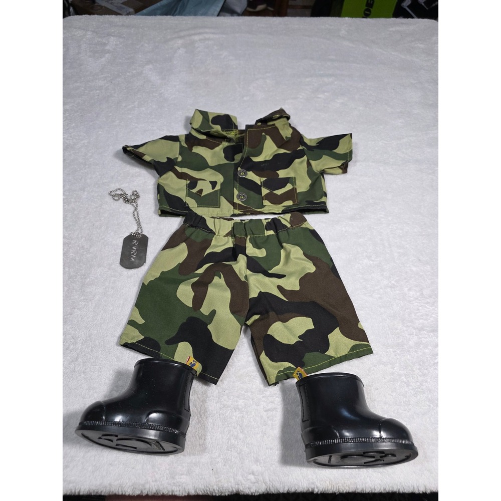 Build-A-Bear Workshop Camo Military Outfit Shirt Shorts Boots Dog Tag Set